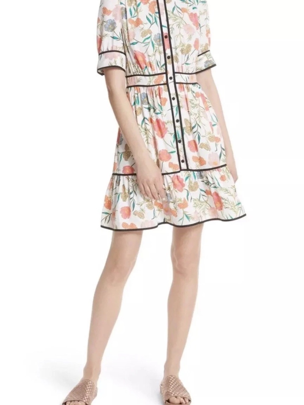 kate spade White Floral Button-Front Dress with Black Trim and Coral Accents